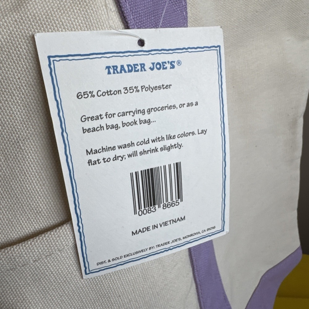 NEW LARGE Lavender Trader Joe's Canvas Tote Bag Spring 2026 Purple - Picture 4 of 10
